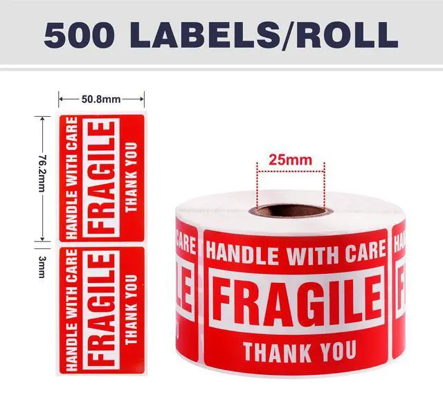 Alt view image 4 of 7 - 3 x 2 Inch Handle with Care 500 Fragile Stickers for Shipping Moving Glass Permanent Adhesive Commercial Grade Fragile Labels (1 Roll, 500 Labels)