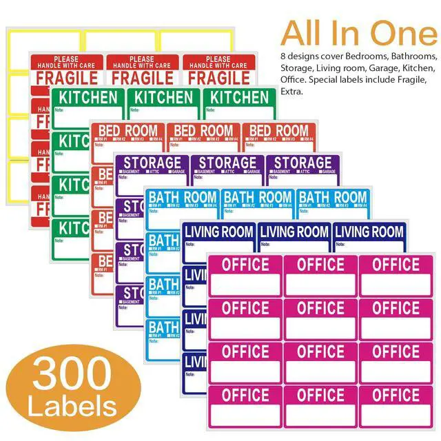 Alt view image 2 of 6 - 300 Count 3.5 x 2 Large Home Moving Packing Box Labels for 3-4 Bedroom House with Writable Notes Areas, 7 Color Coded Moving Labels for Boxes + Fragile Moving Stickers