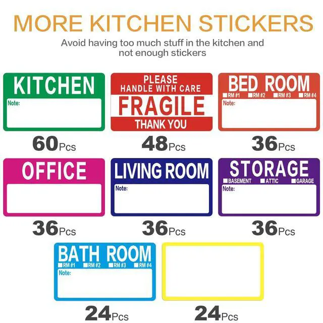 Alt view image 4 of 6 - 300 Count 3.5 x 2 Large Home Moving Packing Box Labels for 3-4 Bedroom House with Writable Notes Areas, 7 Color Coded Moving Labels for Boxes + Fragile Moving Stickers