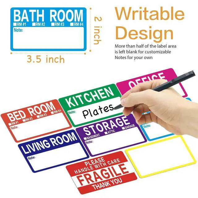 Alt view image 3 of 6 - 300 Count 3.5 x 2 Large Home Moving Packing Box Labels for 3-4 Bedroom House with Writable Notes Areas, 7 Color Coded Moving Labels for Boxes + Fragile Moving Stickers