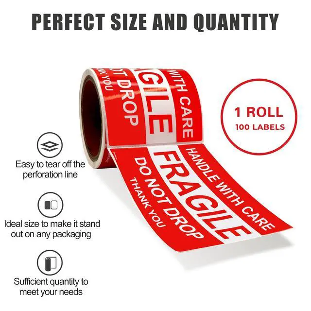 Alt view image 3 of 6 - 4 x 6 Inch 100 Fragile Stickers for Shipping & Moving Easy Tear, Permanent Adhesive, Handle with Care Stickers for Shipping Box, Carton, Parcel, Package, Pallet & More