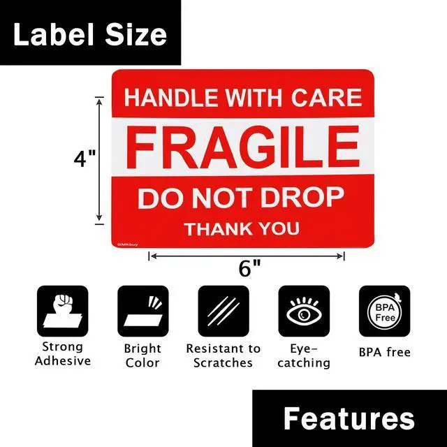 Alt view image 2 of 6 - 4 x 6 Inch 100 Fragile Stickers for Shipping & Moving Easy Tear, Permanent Adhesive, Handle with Care Stickers for Shipping Box, Carton, Parcel, Package, Pallet & More