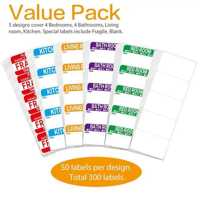 Alt view image 2 of 6 - 300 Count 3.5 x 2 Large Home Moving Packing Box Labels for 3-4 Bedroom House with Writable Notes Areas, 6 Color Coded Moving Labels for Boxes + Fragile Moving Stickers