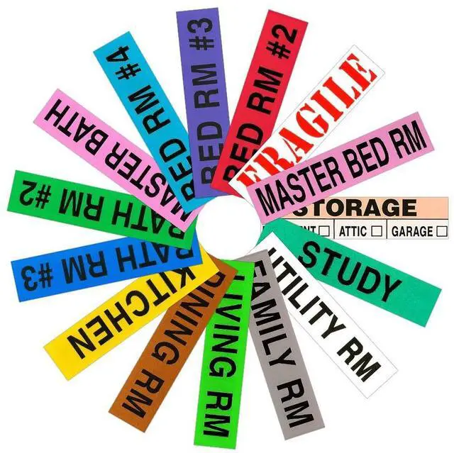 Main image of Moving Box Labels 800 Color Coded Labels for Moving Boxes, Room ID Packing Stickers + 100 Fragile Box Stickers, Home & Apartment Moving Organization Supplies (4 Bedroom Pack)