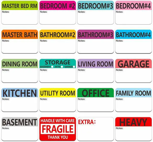 Main image of 500 pcs 20 Designs Pre-Printed Color-Coded Home Moving Packing Box Labels with Writable Notes Areas, Each Measures 2 x 3