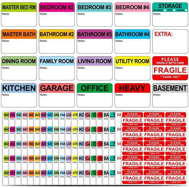 Main image of 600 Writable Stickers 2 x 3 Each,20 Designs Pre-Printed Color-Coded Home Moving Packing Box Labels with Fragile, Extra, Heavy Labels