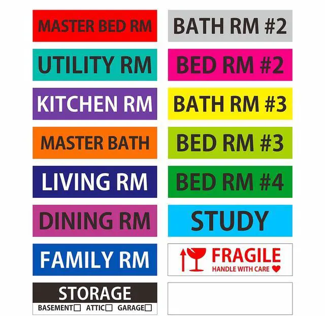 Main image of 640 Pcs Removable Home Moving Labels 15 Pre-Printed Color-Coded Plus 1 Customizable Blank (Each Measures 4" x 1")