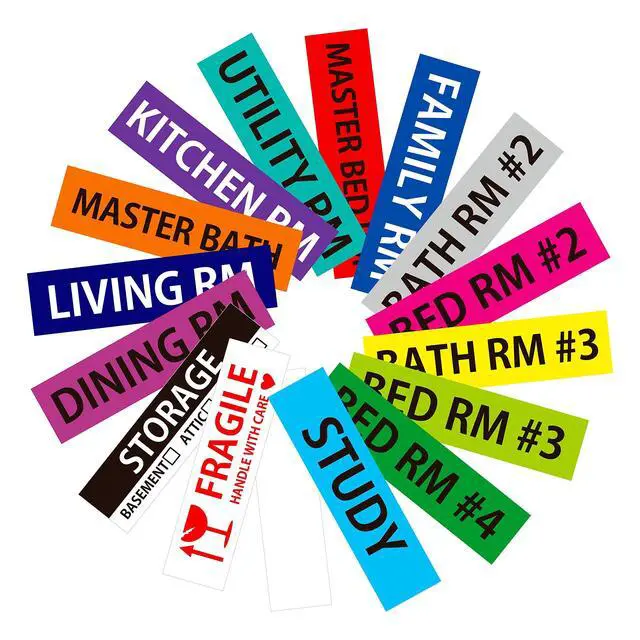 Alt view image 2 of 6 - 640 Pcs Removable Home Moving Labels 15 Pre-Printed Color-Coded Plus 1 Customizable Blank (Each Measures 4" x 1")