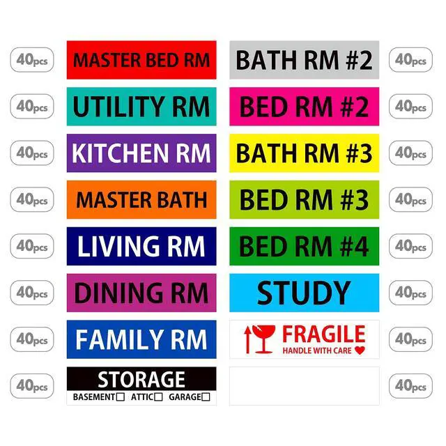 Alt view image 6 of 6 - 640 Pcs Removable Home Moving Labels 15 Pre-Printed Color-Coded Plus 1 Customizable Blank (Each Measures 4" x 1")