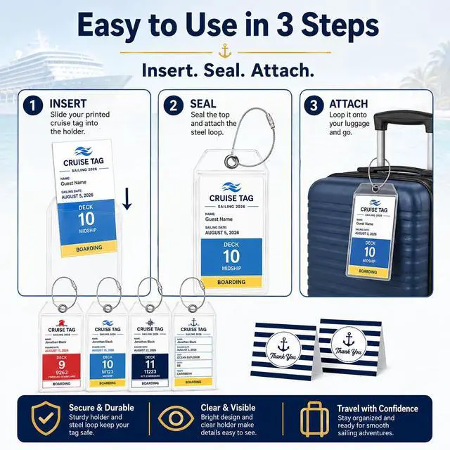 Alt view image 5 of 7 - Luggage Tag Holders for Carnival, Princess & NCL Cruises 4 Packs, Fits All Carnival, Princess & NCL Cruises Line Ships & Tags for Cruises in 2024-2025