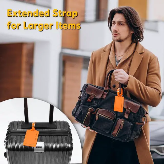 Alt view image 5 of 6 - 4 Pack Leather Luggage Tags for Suitcases Travel Labels Orange