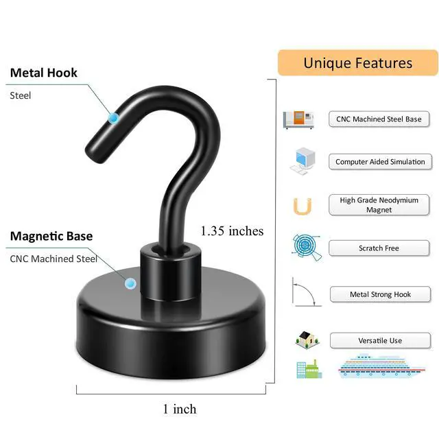 Alt view image 2 of 7 - Magnetic Hooks for Cruise Cabins, 85lb+ Heavy Duty, Black, 6 Pack
