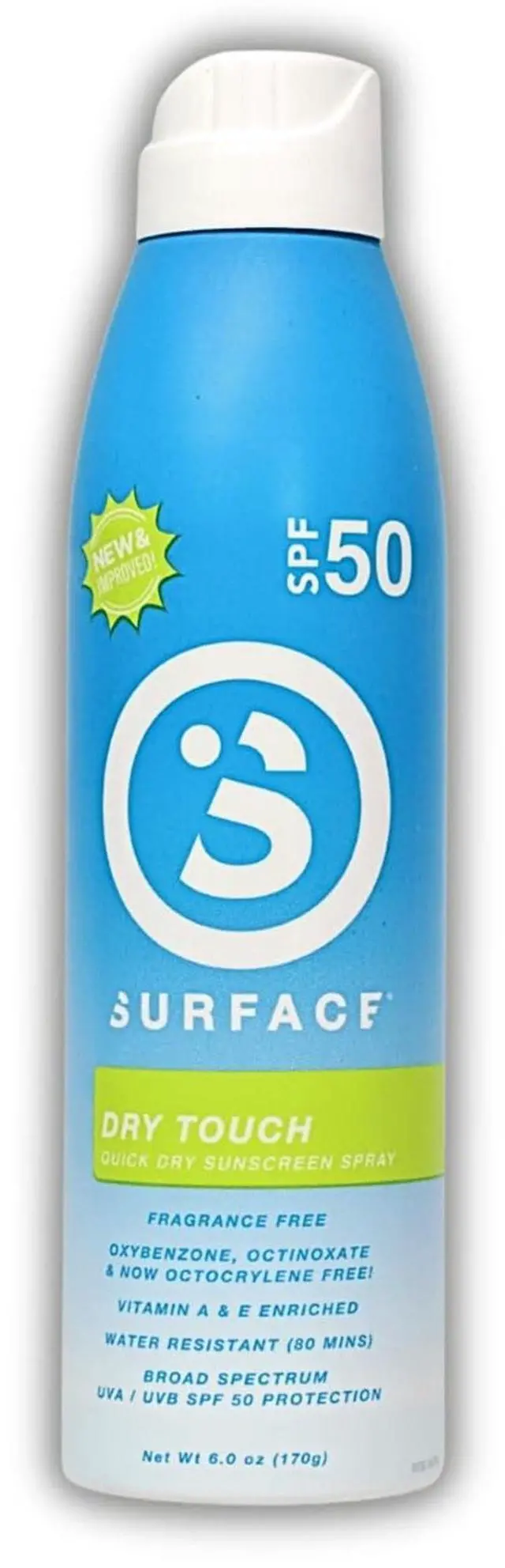 Main image of Surface Sunscreen Spray SPF 50 for Body, Natural Formula, Lightweight and Reef Friendly, Broad Spectrum UVA UVB Protection, Water Resistant Sun Care for Outdoor Use, Fragrance Free, 6oz