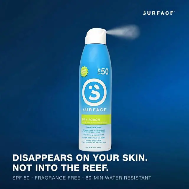 Alt view image 2 of 6 - Surface Sunscreen Spray SPF 50 for Body, Natural Formula, Lightweight and Reef Friendly, Broad Spectrum UVA UVB Protection, Water Resistant Sun Care for Outdoor Use, Fragrance Free, 6oz