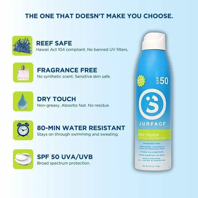 Alt view image 4 of 6 - Surface Sunscreen Spray SPF 50 for Body, Natural Formula, Lightweight and Reef Friendly, Broad Spectrum UVA UVB Protection, Water Resistant Sun Care for Outdoor Use, Fragrance Free, 6oz