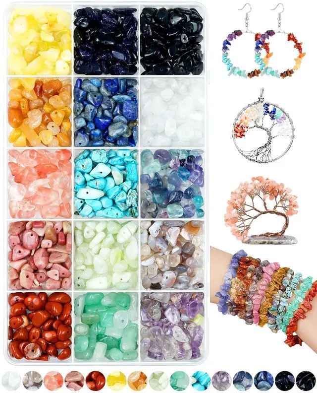 Main image of 600pcs Natural Chip Stone Beads 5-8mm - 15 Color Crystal Chip Beads for Jewelry Making, Valentine's Day Bracelet,DIY Irregular Gemstone Beads with Drilled Holes