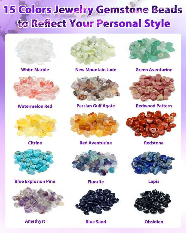 Alt view image 2 of 6 - 600pcs Natural Chip Stone Beads 5-8mm - 15 Color Crystal Chip Beads for Jewelry Making, Valentine's Day Bracelet,DIY Irregular Gemstone Beads with Drilled Holes
