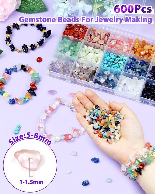 Alt view image 3 of 6 - 600pcs Natural Chip Stone Beads 5-8mm - 15 Color Crystal Chip Beads for Jewelry Making, Valentine's Day Bracelet,DIY Irregular Gemstone Beads with Drilled Holes