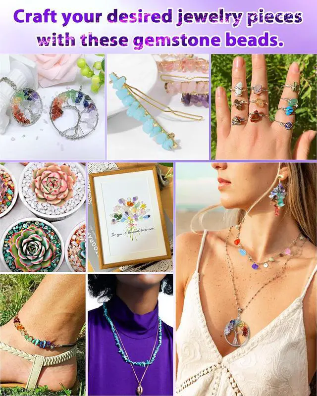 Alt view image 5 of 6 - 600pcs Natural Chip Stone Beads 5-8mm - 15 Color Crystal Chip Beads for Jewelry Making, Valentine's Day Bracelet,DIY Irregular Gemstone Beads with Drilled Holes