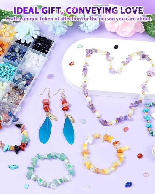 Alt view image 6 of 6 - 600pcs Natural Chip Stone Beads 5-8mm - 15 Color Crystal Chip Beads for Jewelry Making, Valentine's Day Bracelet,DIY Irregular Gemstone Beads with Drilled Holes
