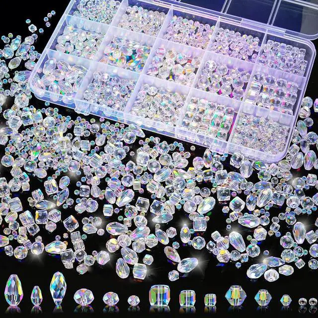 Main image of 1500 Pcs Crystal Glass Beads for Jewelry Making 12 Styles Bicone, Rondelle, Cube, Teardrop & 3mm Spacer Beads, DIY Bracelet Necklace Earring Craft Kit with Organizer Box(AB Color)