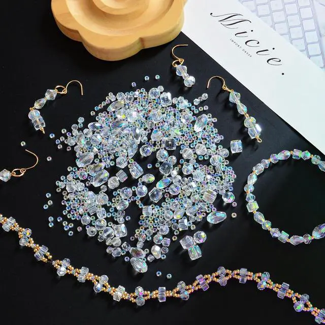 Alt view image 6 of 7 - 1500 Pcs Crystal Glass Beads for Jewelry Making 12 Styles Bicone, Rondelle, Cube, Teardrop & 3mm Spacer Beads, DIY Bracelet Necklace Earring Craft Kit with Organizer Box(AB Color)