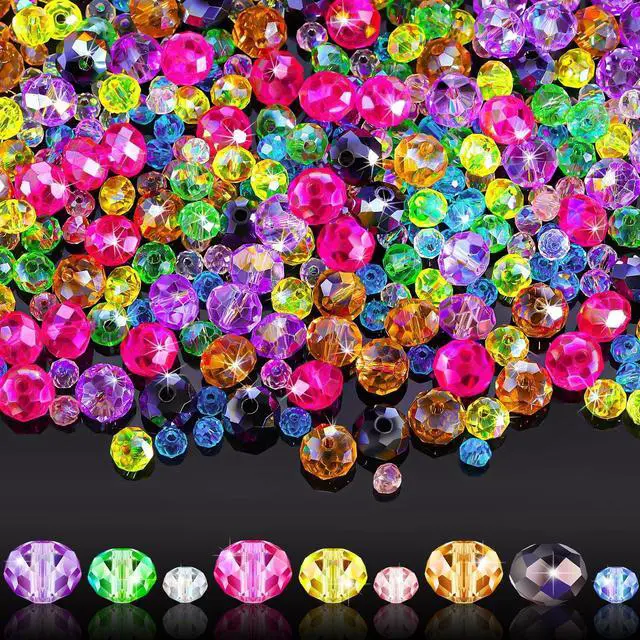 Main image of 600 Pcs Crystal Glass Beads for Jewelry Making Bulk Suncatcher Faceted Rondelle Loose Gemstone for Valentine's Day, Irish Holiday, Easter Bracelet DIY Crafts 8mm, 6mm, 4mm(Multi Color)