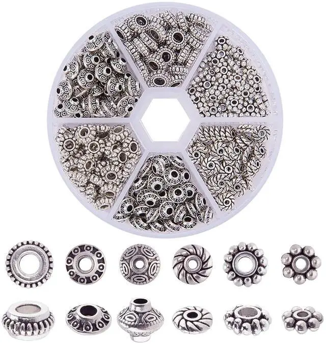 Main image of 300pcs 6 Style Antique Silver Spacer Beads, Tibetan Metal Alloy Tube Spacers Flower Flat Rondelle Small Loose Beads for Bracelet Necklace Earring Jewelry Making Supplies