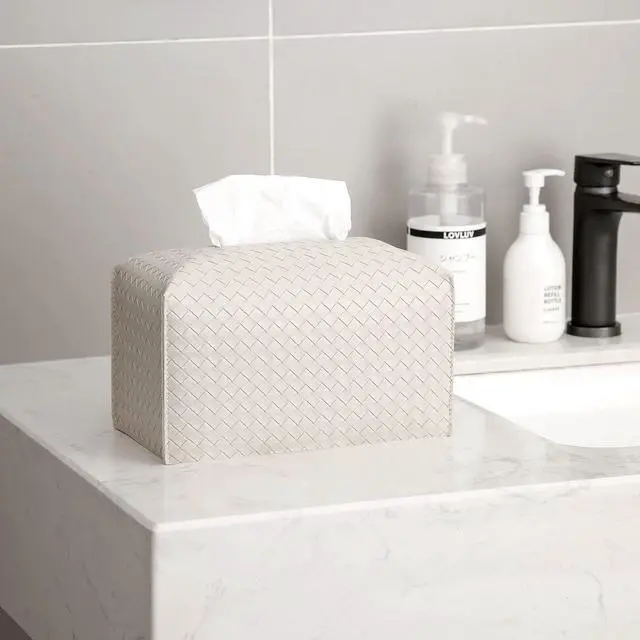 Alt view image 2 of 4 - Tissue Box Cover PU Leather Tissue Holder Square Facial Tissue Case Facial Paper Organizer Dispenser for Bathroom, Vanity Countertop, Tabletop, Car, Rectangle, Griege