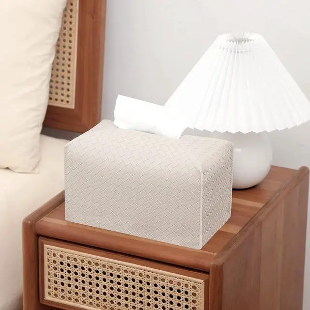 Alt view image 3 of 4 - Tissue Box Cover PU Leather Tissue Holder Square Facial Tissue Case Facial Paper Organizer Dispenser for Bathroom, Vanity Countertop, Tabletop, Car, Rectangle, Griege