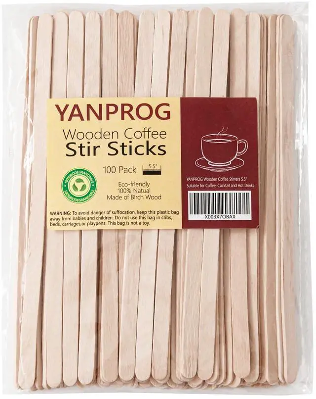 Main image of Wooden Coffee Stirrers 5.5" Coffee Stir Sticks 100 Pcs, Natural Birch Round End Thick Birch Wood Eco-Friendly Suitable for Coffee, Cocktail and Hot Drinks