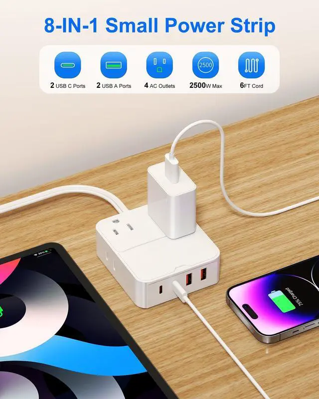 Alt view image 3 of 7 - Flat Plug Power Strip with USB Ports-4 AC&4 USB Ports, Extension Cord