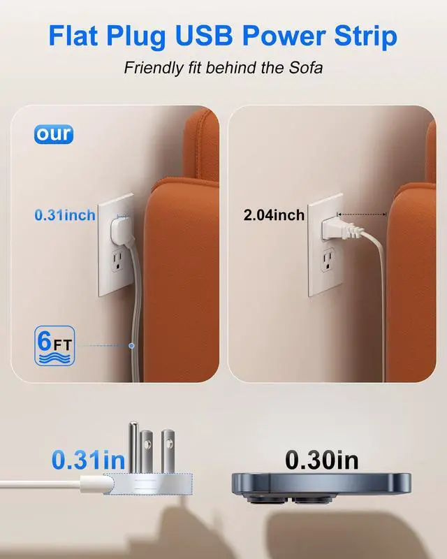 Alt view image 2 of 7 - Flat Plug Power Strip with USB Ports-4 AC&4 USB Ports, Extension Cord