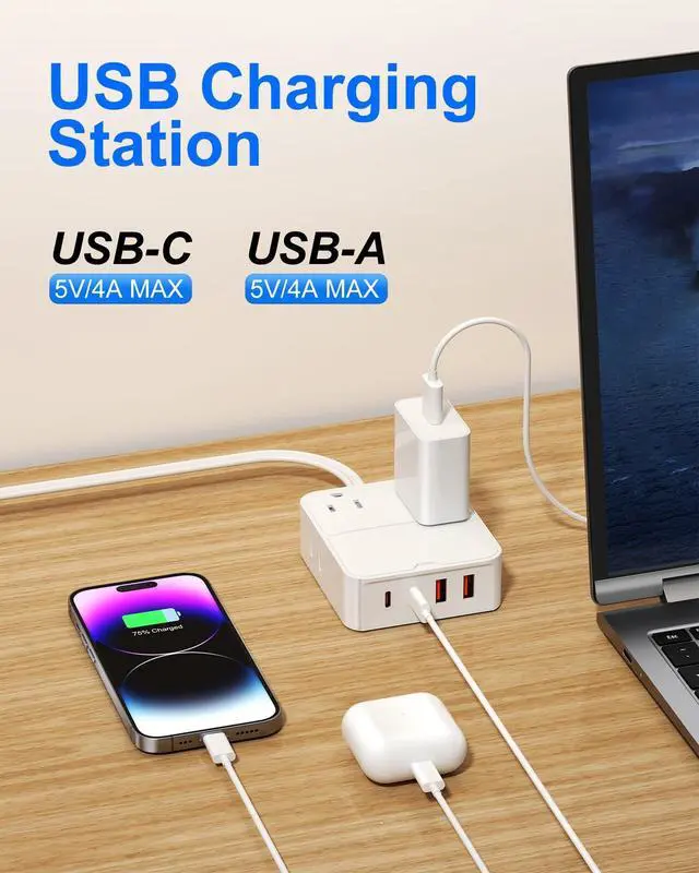 Alt view image 4 of 7 - Flat Plug Power Strip with USB Ports-4 AC&4 USB Ports, Extension Cord