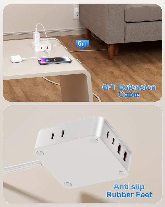 Alt view image 7 of 7 - Flat Plug Power Strip with USB Ports-4 AC&4 USB Ports, Extension Cord