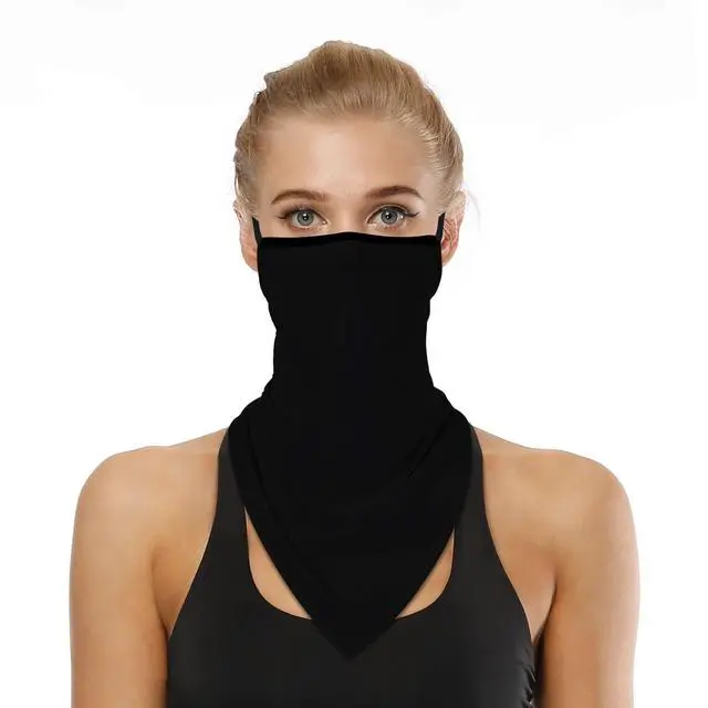 Alt view image 2 of 7 - Solid Black Neck Gaiter Face Mask Covering Bandanas for Men Women Summer UV Face Scarf Mask Cover Ear Loop Hole Triangle Facemask Headwear for Fishing Running Cycling Hiking