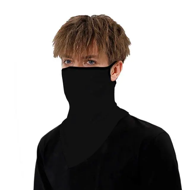 Alt view image 6 of 7 - Solid Black Neck Gaiter Face Mask Covering Bandanas for Men Women Summer UV Face Scarf Mask Cover Ear Loop Hole Triangle Facemask Headwear for Fishing Running Cycling Hiking