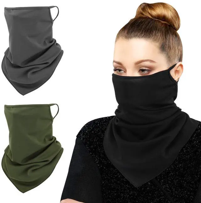 Main image of Scarf Mask Bandana with Ear Loops 3 Pack, Neck Gaiter Balaclava UV Sun Protection Face Mask for Dust Wind Outdoors Motorcycle Cycle Bandana Headband for Women Men, Army Green & Black & Dark Gray