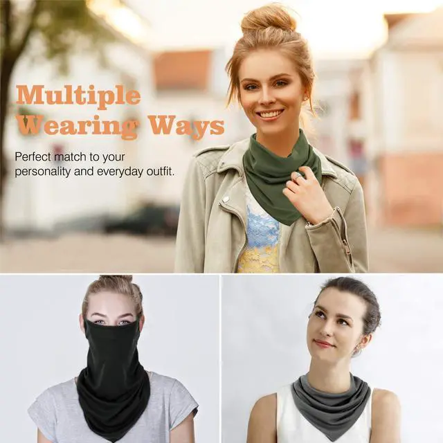 Alt view image 6 of 7 - Scarf Mask Bandana with Ear Loops 3 Pack, Neck Gaiter Balaclava UV Sun Protection Face Mask for Dust Wind Outdoors Motorcycle Cycle Bandana Headband for Women Men, Army Green & Black & Dark Gray