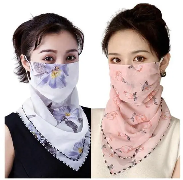 Main image of 2 Pack Summer Sun UV Protection Face Cover Scarf with Designs Womens Cooling Neck Gaiter with Ear Loops Breathable Face Mask Neck Covers Bandana Headwear for Women Outdoor Hiking Riding