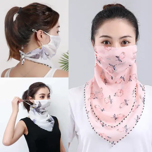 Alt view image 4 of 6 - 2 Pack Summer Sun UV Protection Face Cover Scarf with Designs Womens Cooling Neck Gaiter with Ear Loops Breathable Face Mask Neck Covers Bandana Headwear for Women Outdoor Hiking Riding