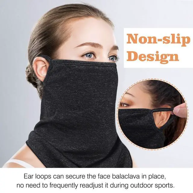 Alt view image 4 of 7 - Scarf Mask Bandana with Ear Loops 3 Pack, Neck Gaiter Balaclava with Filter Pocket UV Sun Protection Face Mask for Dust Wind Motorcycle Cycle Bandana Headband for Women Men, Black
