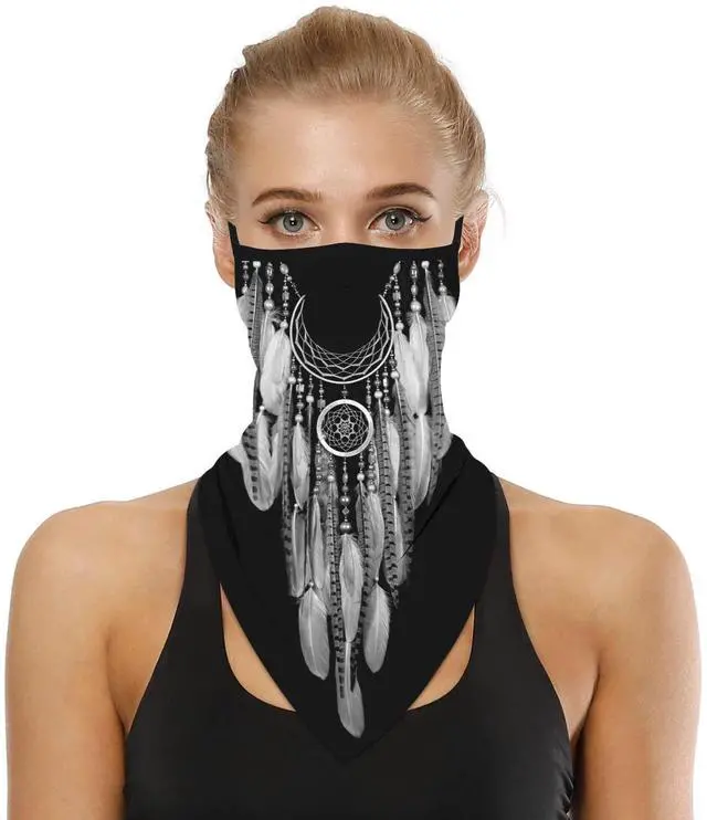 Main image of Black Boho Bandana Neck Gaiter Face Mask Covering Bandanas for Men Women Summer UV Cooling Face Scarf Mask Cover Ear Loop Hole Triangle Facemask for Running Cycling Dream Catcher Feathers