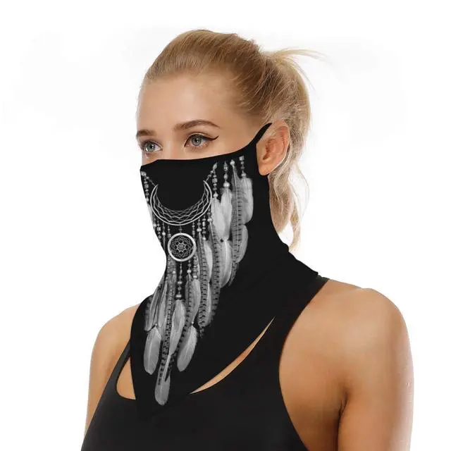 Alt view image 2 of 7 - Black Boho Bandana Neck Gaiter Face Mask Covering Bandanas for Men Women Summer UV Cooling Face Scarf Mask Cover Ear Loop Hole Triangle Facemask for Running Cycling Dream Catcher Feathers