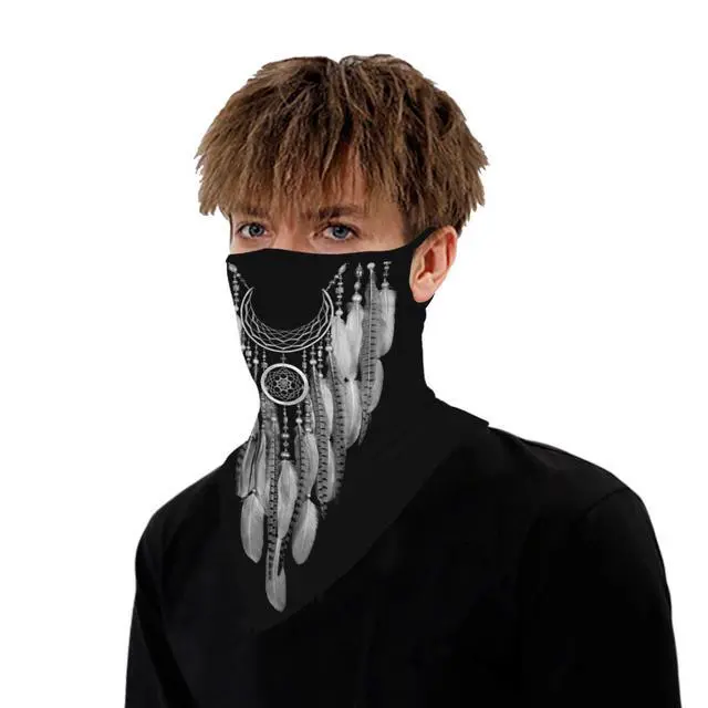 Alt view image 7 of 7 - Black Boho Bandana Neck Gaiter Face Mask Covering Bandanas for Men Women Summer UV Cooling Face Scarf Mask Cover Ear Loop Hole Triangle Facemask for Running Cycling Dream Catcher Feathers