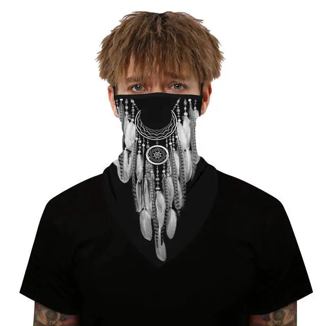 Alt view image 6 of 7 - Black Boho Bandana Neck Gaiter Face Mask Covering Bandanas for Men Women Summer UV Cooling Face Scarf Mask Cover Ear Loop Hole Triangle Facemask for Running Cycling Dream Catcher Feathers
