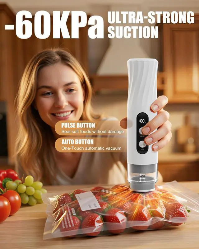 Alt view image 3 of 7 - Portable Vacuum Sealer for Food with Visible Water Tank, 60kPa Powerful Handheld Vacuum Sealer Machine, One-Touch Auto Seal & Pulse Mode for Delicate Foods, Includes 20 Reusable Bags