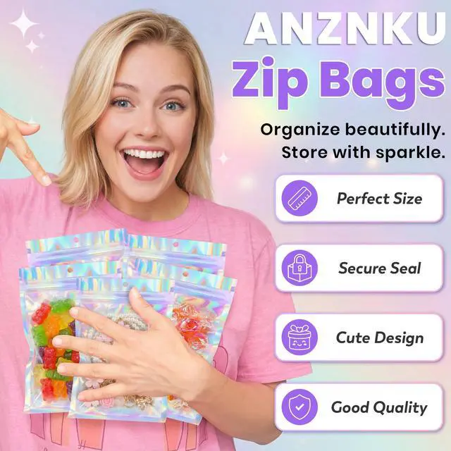 Alt view image 4 of 6 - Holographic Bags 5x7 Mylar Bags Resealable 50PCS, Smell Proof Packaging Bag Pouches Clear Window Goodie Baggies for Snack Candy Jewelry Party Favor, Small Plastic Gift Bag for Small Business