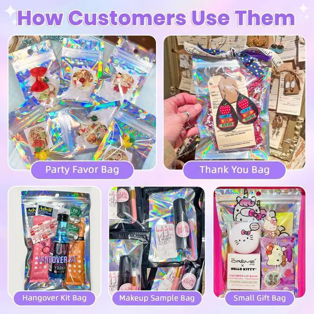 Alt view image 5 of 6 - Holographic Bags 5x7 Mylar Bags Resealable 50PCS, Smell Proof Packaging Bag Pouches Clear Window Goodie Baggies for Snack Candy Jewelry Party Favor, Small Plastic Gift Bag for Small Business