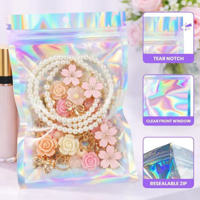 Alt view image 6 of 6 - Holographic Bags 5x7 Mylar Bags Resealable 50PCS, Smell Proof Packaging Bag Pouches Clear Window Goodie Baggies for Snack Candy Jewelry Party Favor, Small Plastic Gift Bag for Small Business